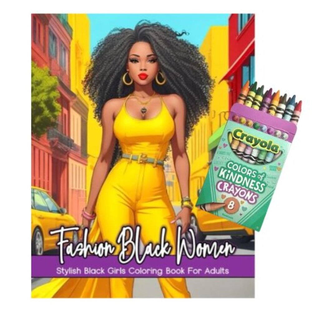 Black Women Fashion Coloring Book for Adults with FREE 8 Pack of Crayons